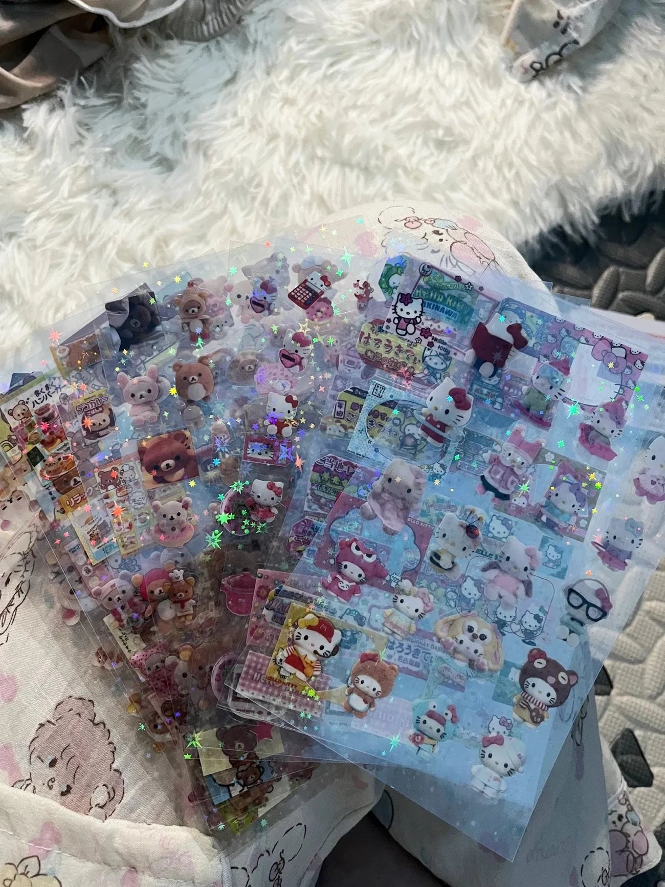 5pcs Kt Rilakkuma Cartoon Die-Cutting Sticker Kt Cat Diy Flashing Laser Stickers Anime Handbook Material Stickers Girl Kid Gift - TiniLoom