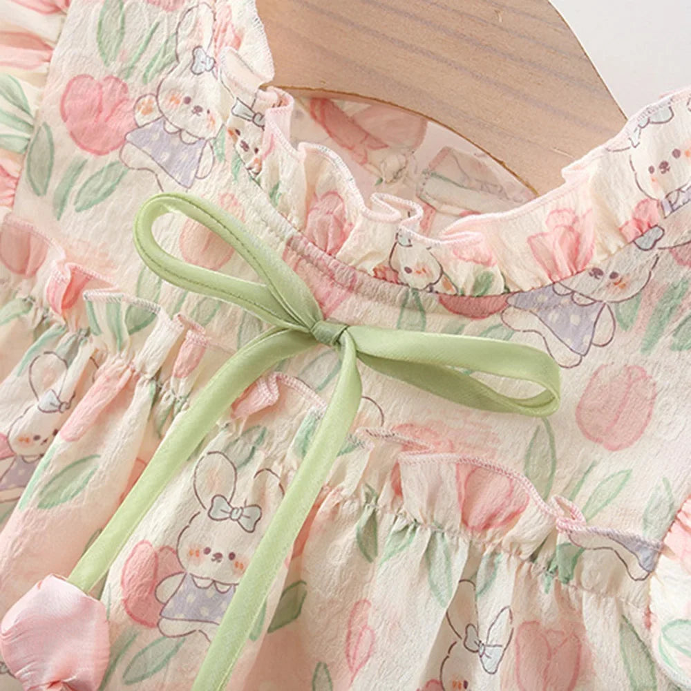 Summer Hardwear Girl Dress Tulip Cartoon Rabbit Print Small Flying Sleeves Flower Neck Bow Ribbon Tulip Flower Pattern - TiniLoom