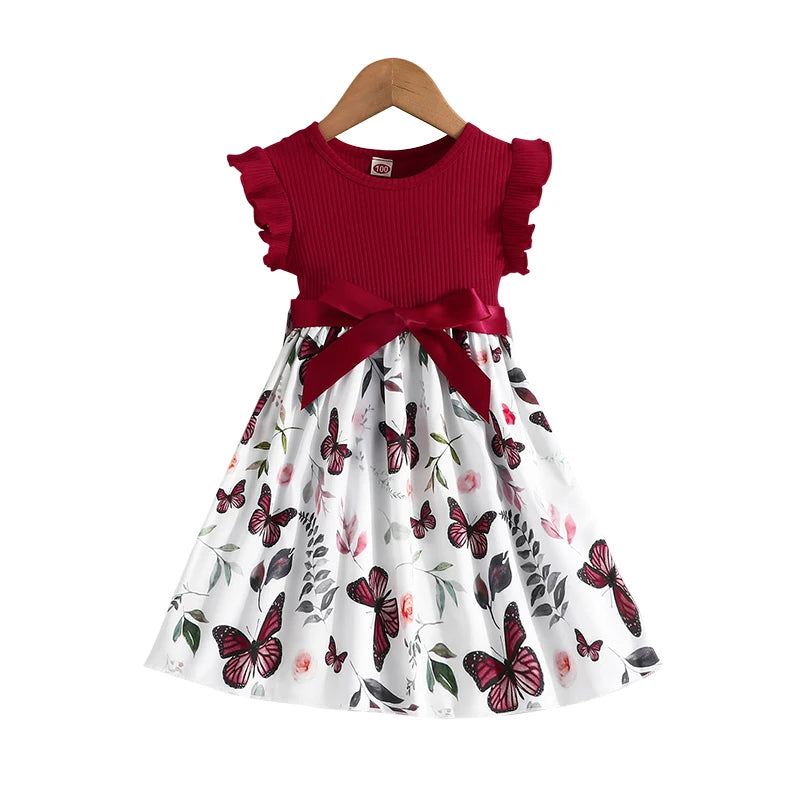 Set For Kids Girl 3-7 Years old Ruffled Sleeve Butterfly Floral Tulle Cute Princess Formal Dresses with Belt Ootd For Baby Girl - TiniLoom