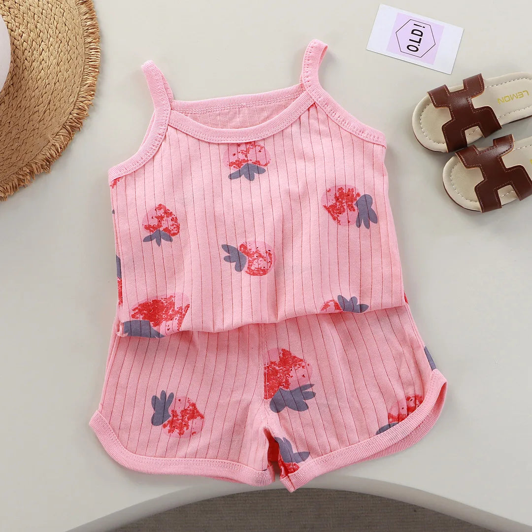 Girls Summer Clothes Sets New Baby Sleeveless Tops Shorts 2 Pieces Suit Girls Square Collar Clothing Set Kids Cotton Clothes - TiniLoom