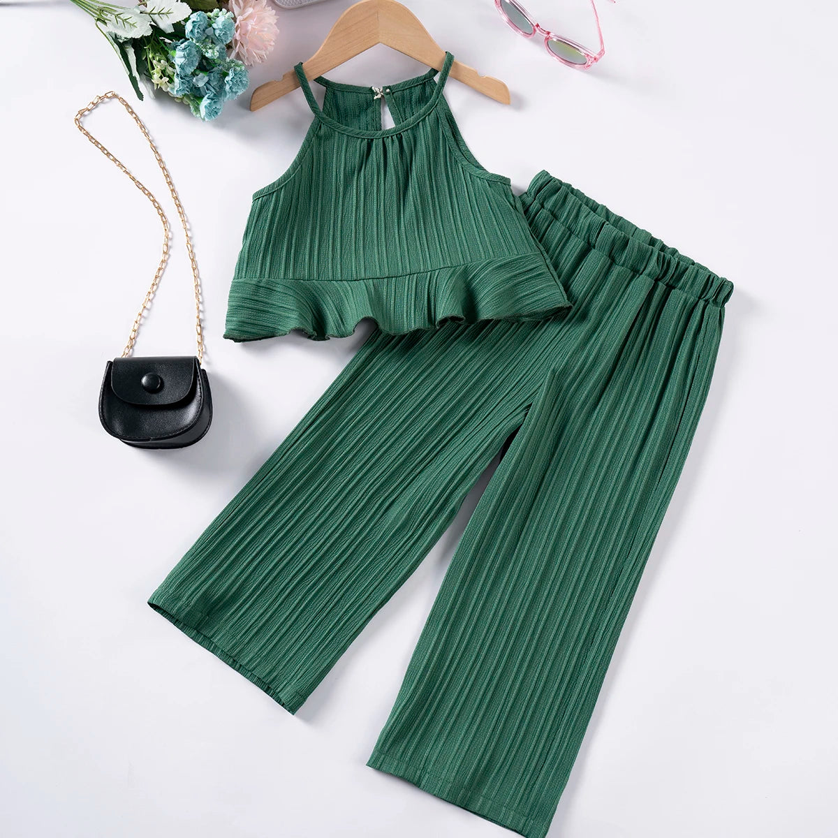 Girls Solid Color Suspenders Summer Suspenders Ruffles + Wide Leg Pants 2 Pieces Dress Set White Cute Elegant Baby Clothes - TiniLoom