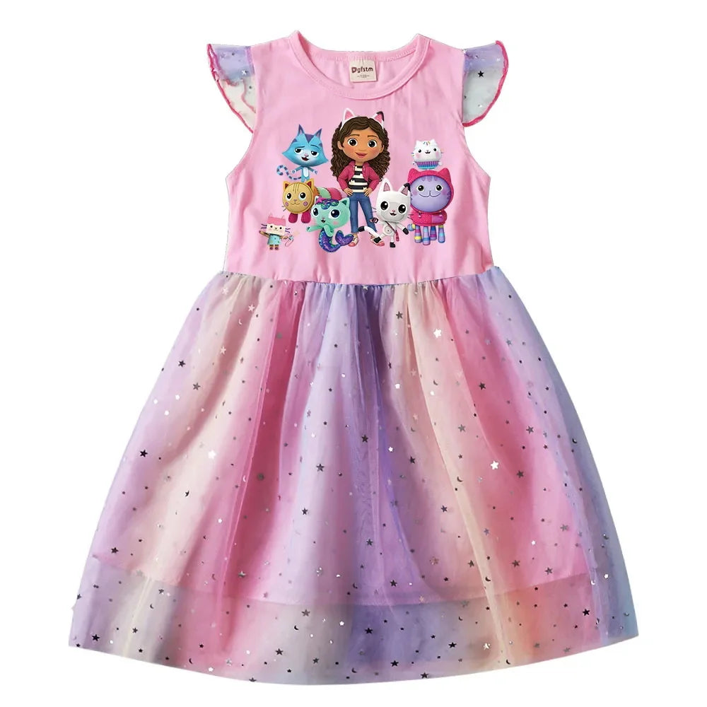 Baby Girls Dress Children Cartoon Mesh Star Sequins Princess Dress Kids Flying Sleeve Skirt For Daily Halloween Birthday Gift - TiniLoom