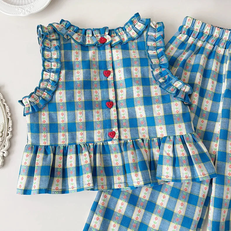 Children's Clothing Sets Blue Plaid Floral Print Sleeveless Top + Wide Leg Pants + Shorts 3 Pcs Sets Kids Clothes for Girls - TiniLoom