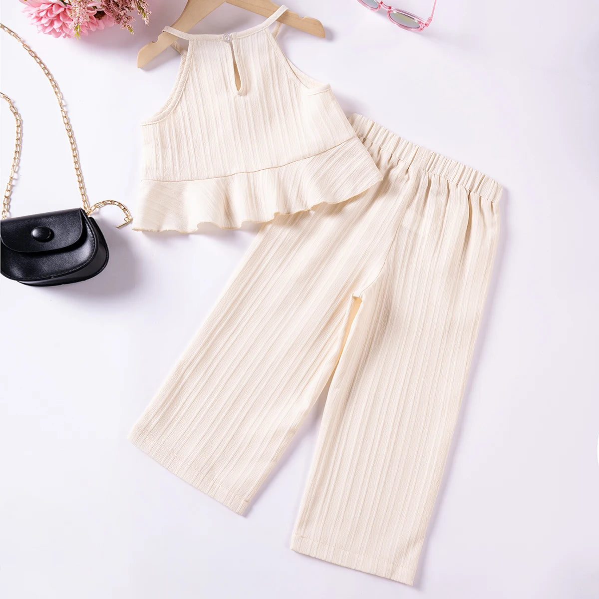Girls Solid Color Suspenders Summer Suspenders Ruffles + Wide Leg Pants 2 Pieces Dress Set White Cute Elegant Baby Clothes - TiniLoom
