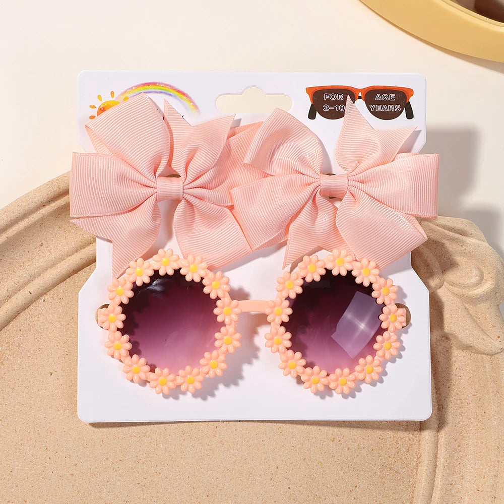 3Pcs/set Cheer Bow Hairclips Retro Flower Sunglasses for Kids Printing Handmade Hairgripes Girls Headwear Glasses Accessories - TiniLoom