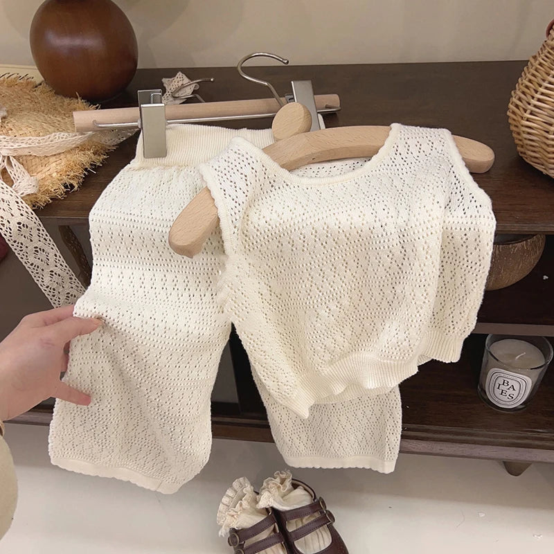Girl's Clothing Sets 2023 Summer Korean Thin Knitted Girl Set Children Hollow Breathable Vest + Wide Leg Pants Two-piece Suit - TiniLoom
