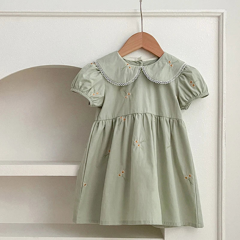 Infant Baby Girls Lace Collar Dress Rompers Sisters Clothes Kids Girls Embroider Flower Princess Dress Family Clothes Rompers