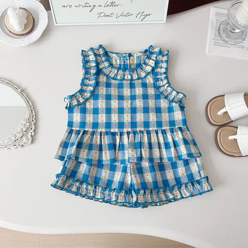 Children's Clothing Sets Blue Plaid Floral Print Sleeveless Top + Wide Leg Pants + Shorts 3 Pcs Sets Kids Clothes for Girls - TiniLoom