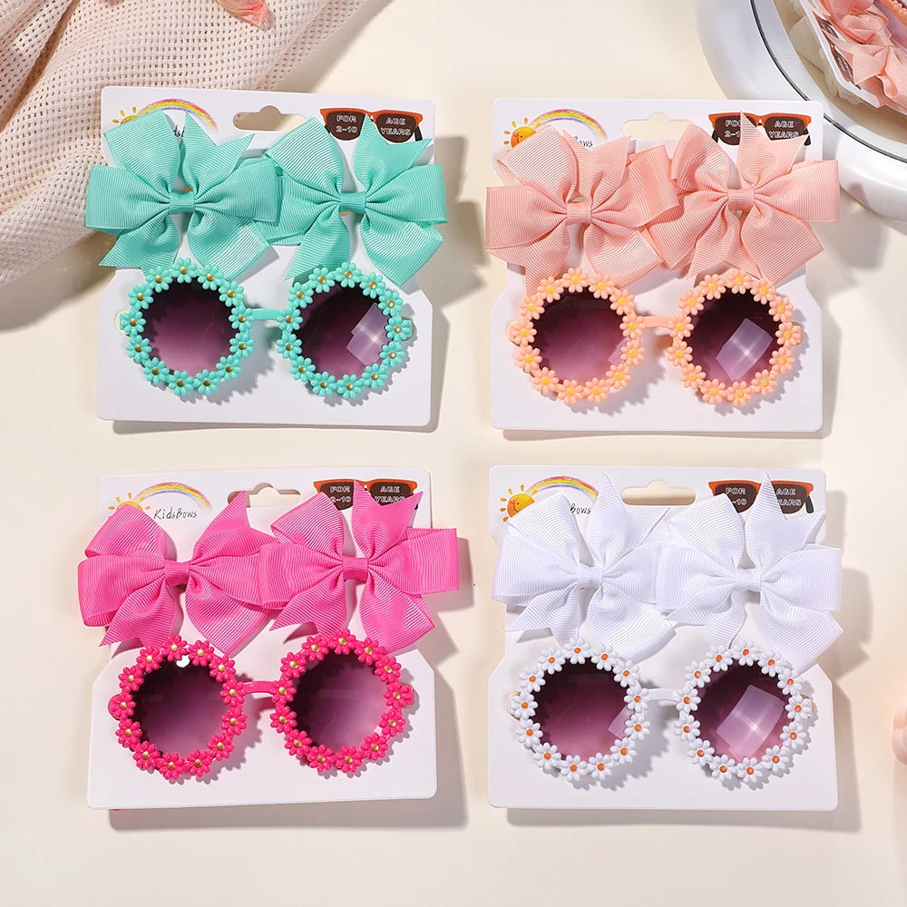 3Pcs/set Cheer Bow Hairclips Retro Flower Sunglasses for Kids Printing Handmade Hairgripes Girls Headwear Glasses Accessories - TiniLoom