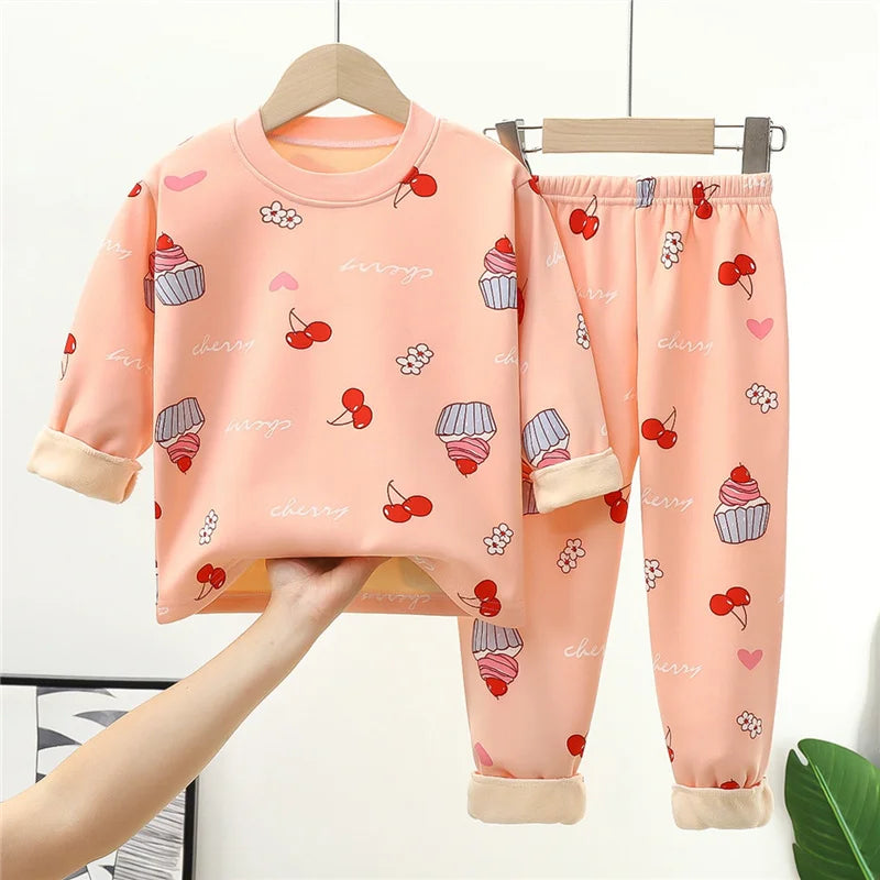 Kids Warm Pajama Sets Autumn Winter Plus Velvets Clothing Suits Boys Girls Fashion Print Pullover+Pants 2Pcs Outfits 1-14 Years - TiniLoom