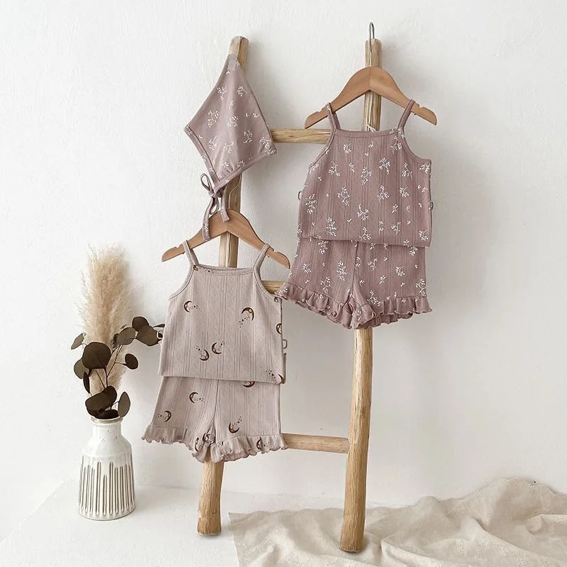 Fashion Baby Girl Cotton Floral Print Clothes Set Strap Vest+Shorts 2PCS Infant Toddler Child Summer Homesuit Baby Clothes 1-10Y