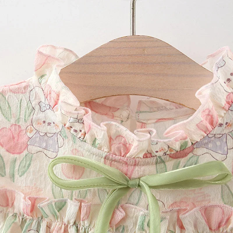 Summer Hardwear Girl Dress Tulip Cartoon Rabbit Print Small Flying Sleeves Flower Neck Bow Ribbon Tulip Flower Pattern - TiniLoom