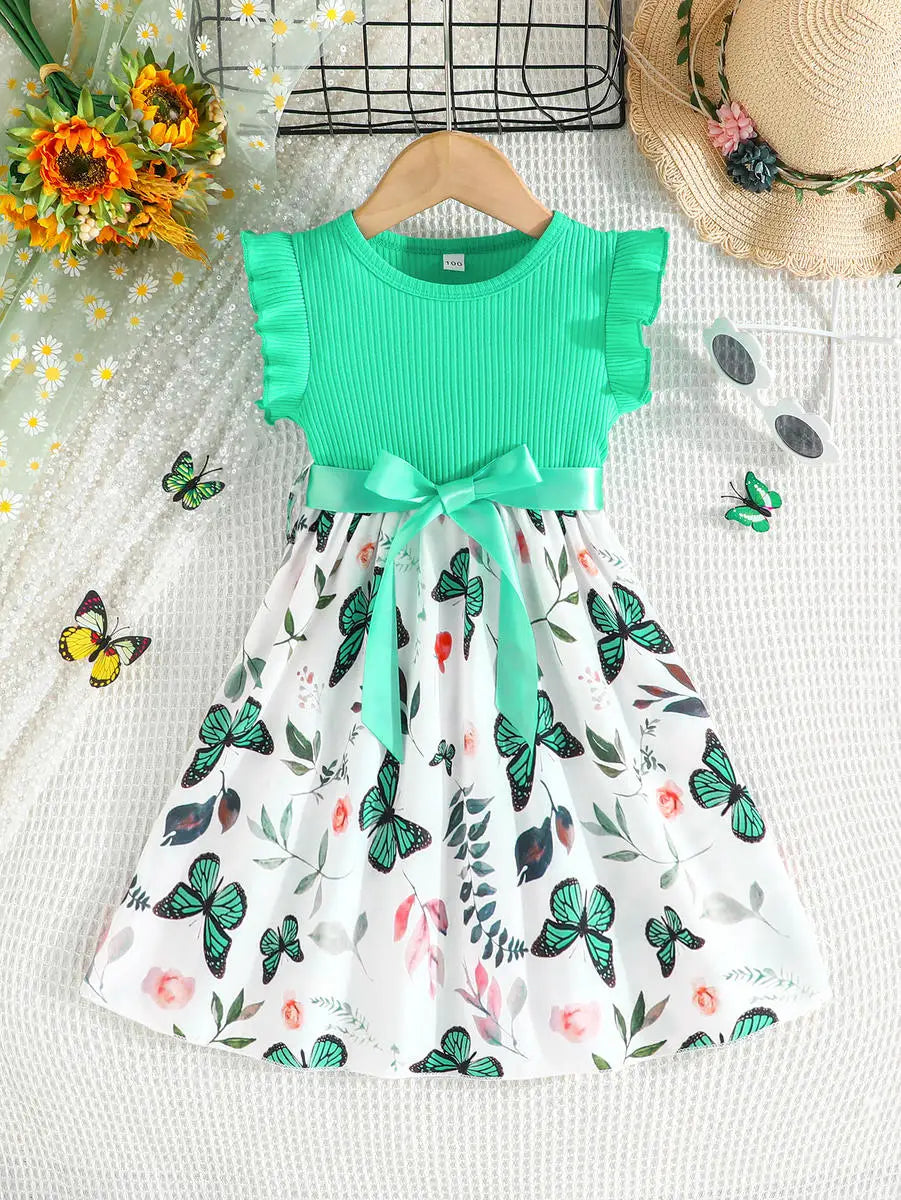 Set For Kids Girl 3-7 Years old Ruffled Sleeve Butterfly Floral Tulle Cute Princess Formal Dresses with Belt Ootd For Baby Girl - TiniLoom