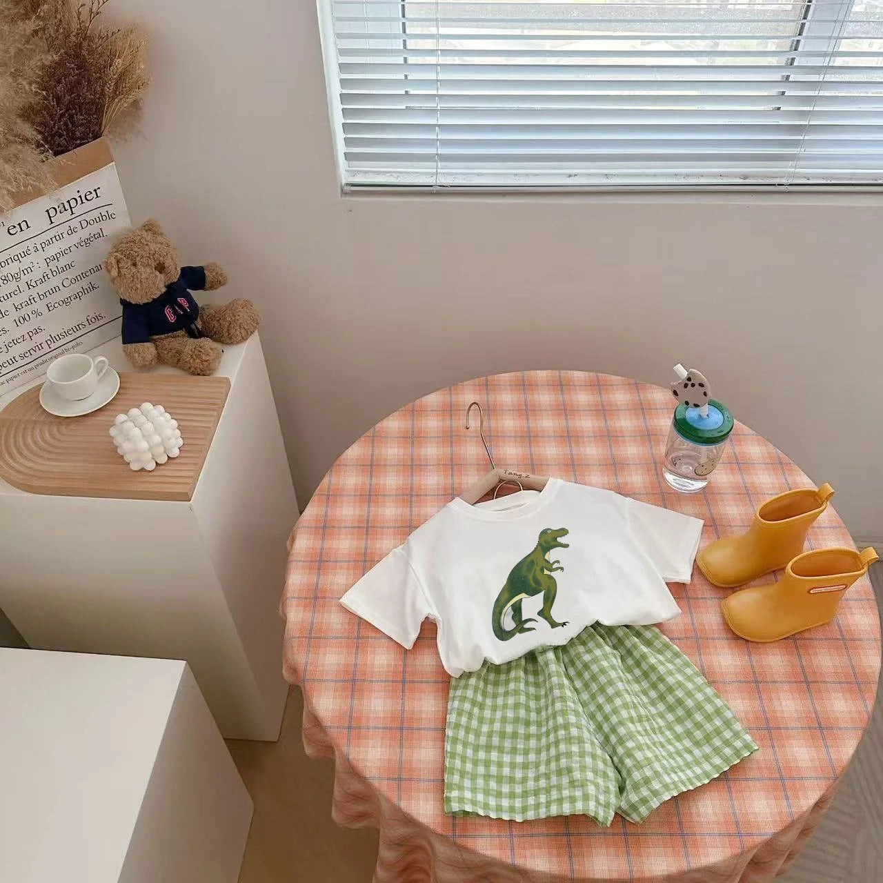 2Pcs Baby Clothes Set Newborn Boys Casual Dinosaur Print Short Sleeved T-shirt+plaid Shorts Toddler Girl Summer Kids Outfit Set - TiniLoom