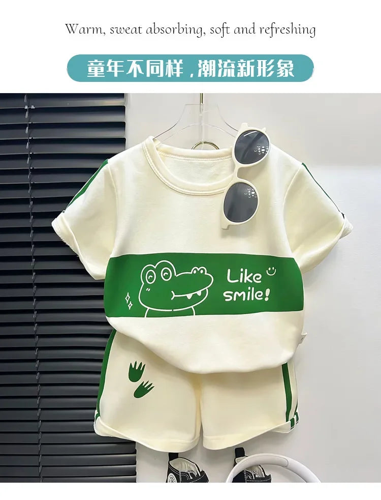 2024 New Kids Short Sleeve Suit Striped Girls Boys Set Summer Tops +short Baby Clothes Children's Wear - TiniLoom