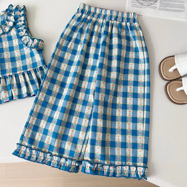 Children's Clothing Sets Blue Plaid Floral Print Sleeveless Top + Wide Leg Pants + Shorts 3 Pcs Sets Kids Clothes for Girls - TiniLoom