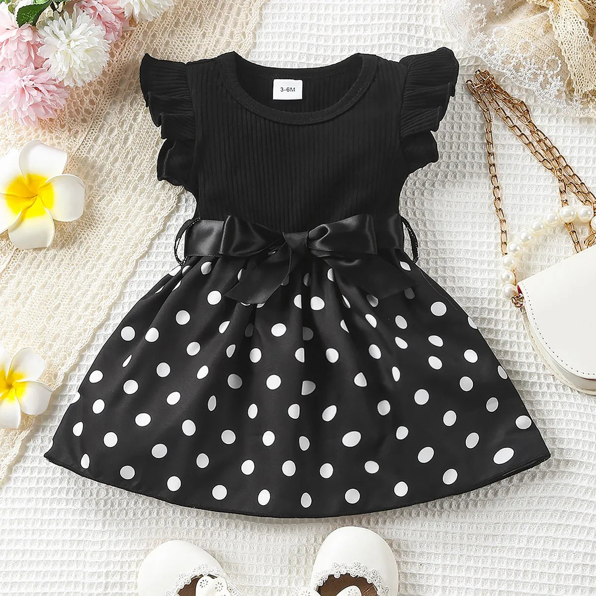 Baby Girl Butterfly and Plant Polka Dot Print Ruffle Sleeve Belt Dress + Ribbon - TiniLoom