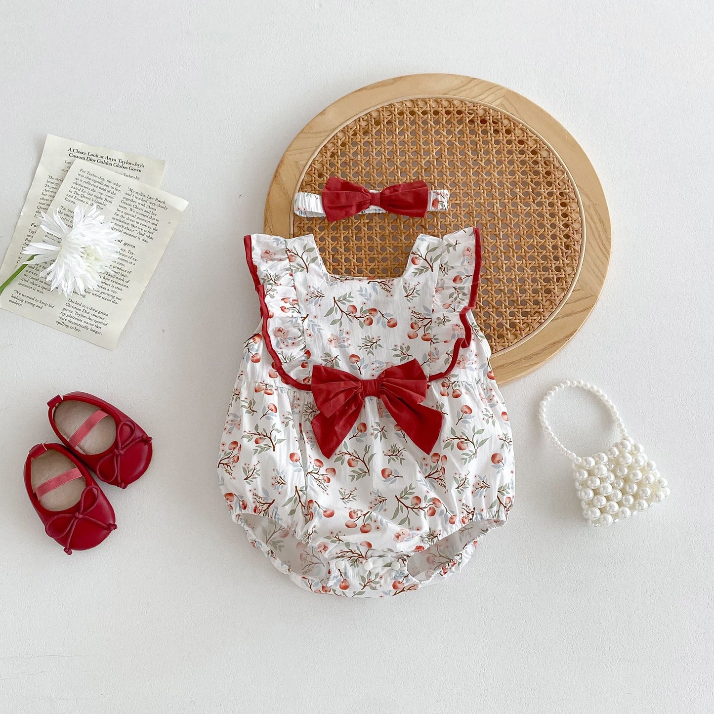 New Design Summer Baby Kids Girls Cherry Pattern Square Neck Sleeveless Big Bow Onesies-4