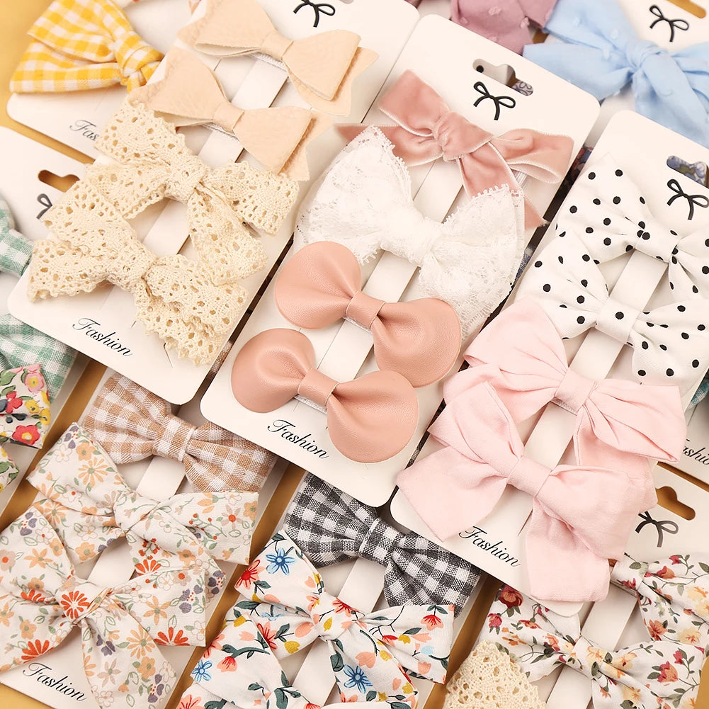 4Pcs/set Leopard Dot Print Bowknot Hair Bow Clips Baby Girls Lace Cotton Linen Barrettes Safety Hairpins Headwear Accessories - TiniLoom