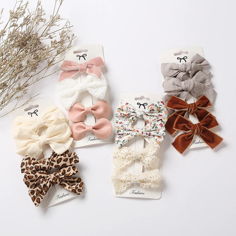 4Pcs/set Leopard Dot Print Bowknot Hair Bow Clips Baby Girls Lace Cotton Linen Barrettes Safety Hairpins Headwear Accessories - TiniLoom