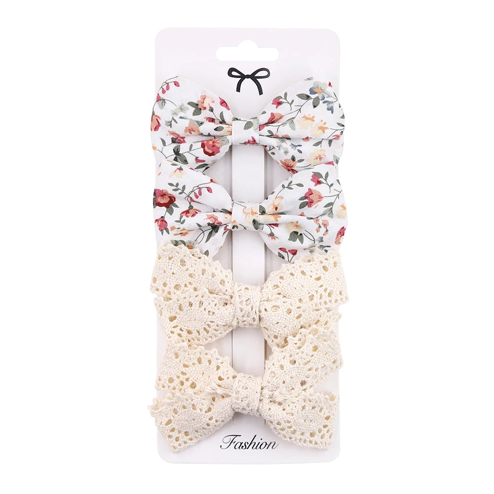 4Pcs/set Leopard Dot Print Bowknot Hair Bow Clips Baby Girls Lace Cotton Linen Barrettes Safety Hairpins Headwear Accessories - TiniLoom