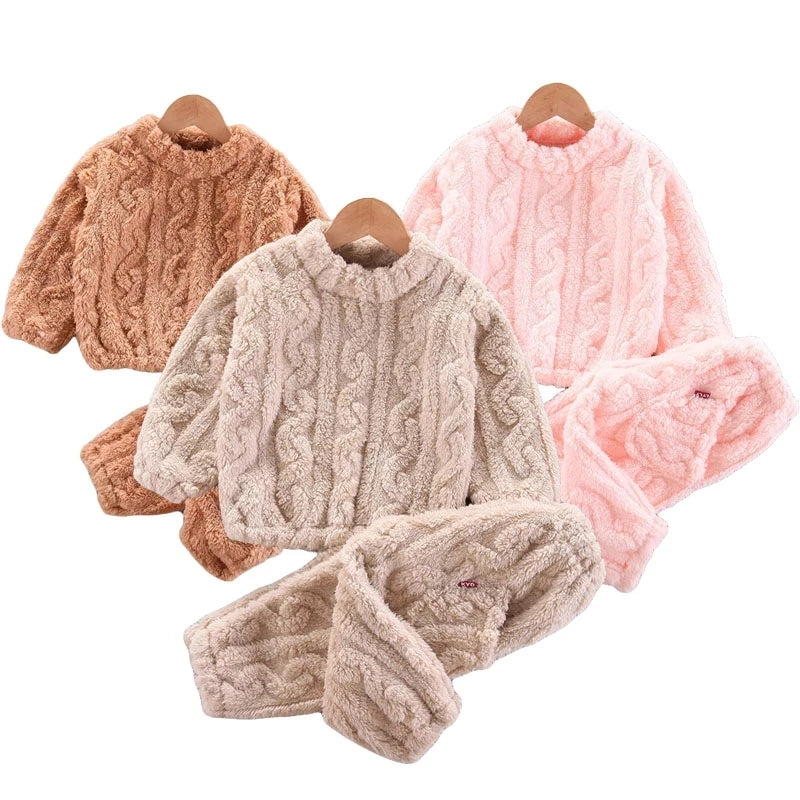 Kids Warm Pajama Sets Autumn Winter Plus Velvets Clothing Suits Boys Girls Fashion Print Pullover+Pants 2Pcs Outfits 1-14 Years - TiniLoom