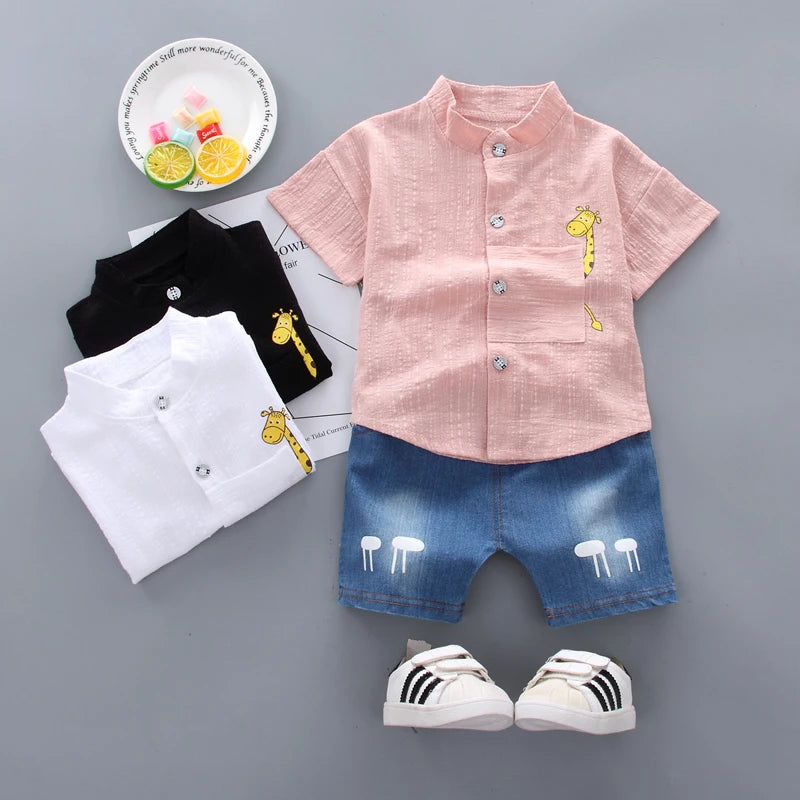 New Summer  Hot Sale Toddler Kids Baby Boys Shirt Cartoon Tops Denim Shorts Pants Outfits Set Baby Clothes - TiniLoom