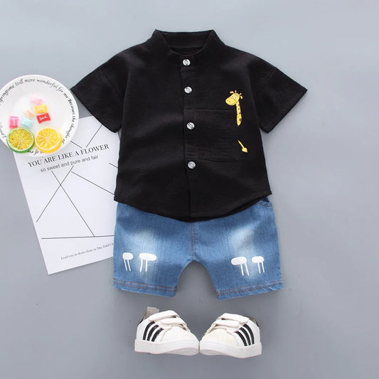 New Summer  Hot Sale Toddler Kids Baby Boys Shirt Cartoon Tops Denim Shorts Pants Outfits Set Baby Clothes - TiniLoom