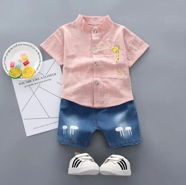 New Summer  Hot Sale Toddler Kids Baby Boys Shirt Cartoon Tops Denim Shorts Pants Outfits Set Baby Clothes - TiniLoom