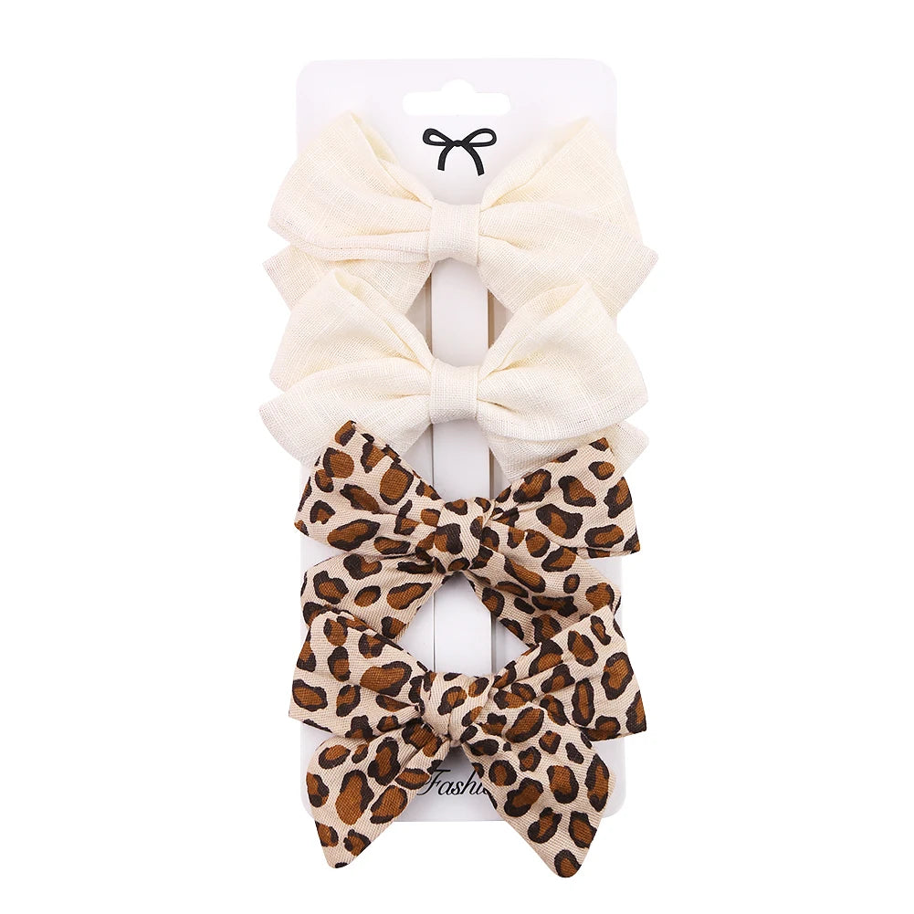 4Pcs/set Leopard Dot Print Bowknot Hair Bow Clips Baby Girls Lace Cotton Linen Barrettes Safety Hairpins Headwear Accessories - TiniLoom