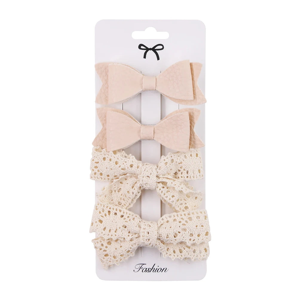 4Pcs/set Leopard Dot Print Bowknot Hair Bow Clips Baby Girls Lace Cotton Linen Barrettes Safety Hairpins Headwear Accessories - TiniLoom