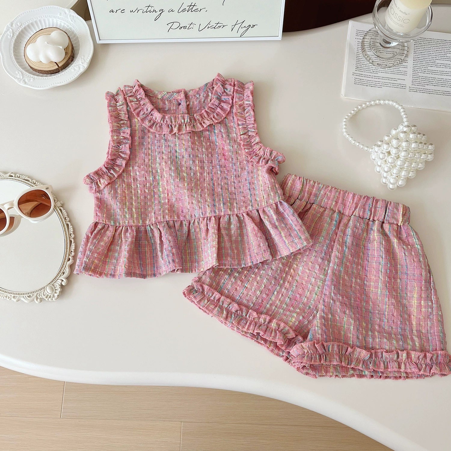 Children's Clothing Sets Blue Plaid Floral Print Sleeveless Top + Wide Leg Pants + Shorts 3 Pcs Sets Kids Clothes for Girls - TiniLoom