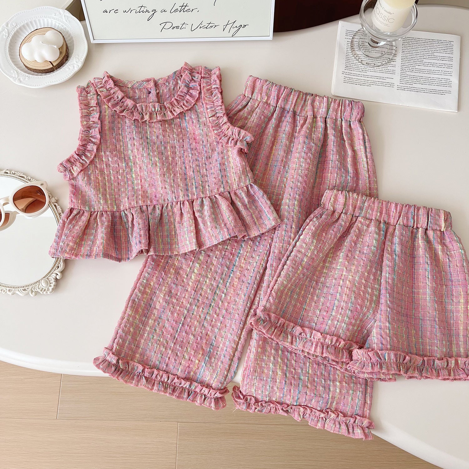 Children's Clothing Sets Blue Plaid Floral Print Sleeveless Top + Wide Leg Pants + Shorts 3 Pcs Sets Kids Clothes for Girls - TiniLoom