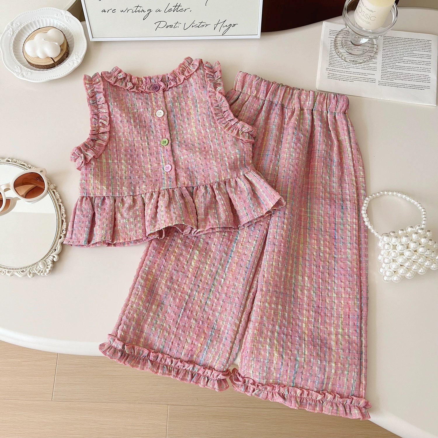 Children's Clothing Sets Blue Plaid Floral Print Sleeveless Top + Wide Leg Pants + Shorts 3 Pcs Sets Kids Clothes for Girls - TiniLoom