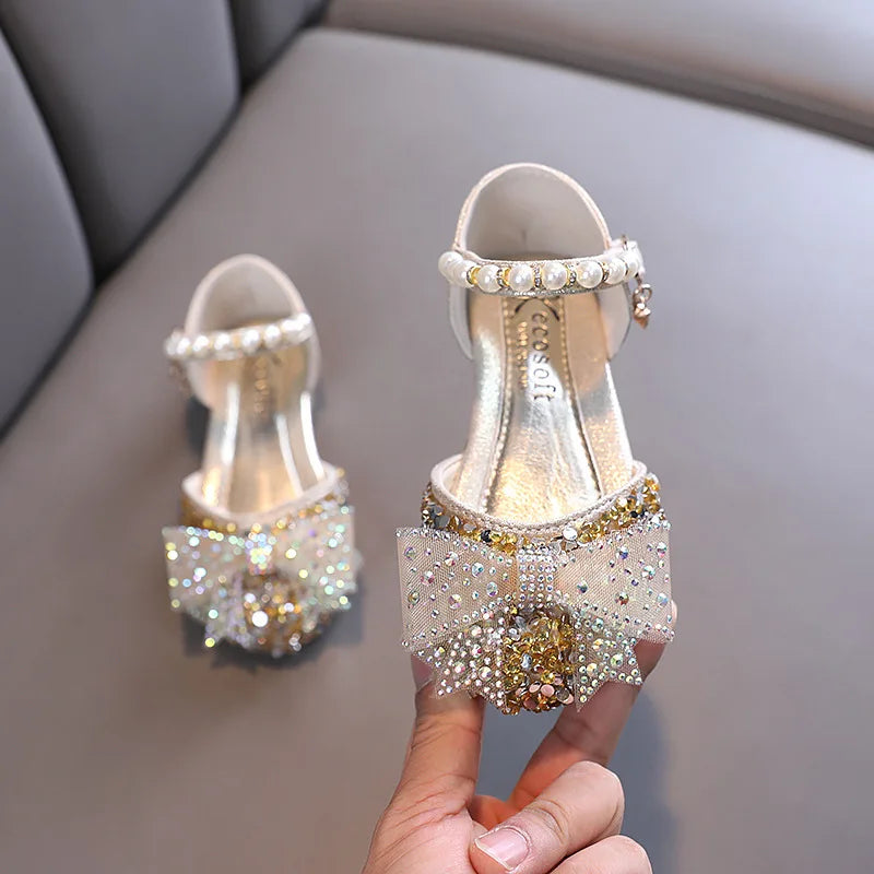Summer Girls Sandals Fashion Sequins Rhinestone Bow Girls Princess Shoes Baby Girl Shoes Flat Heel Sandals Size 21-35 - TiniLoom