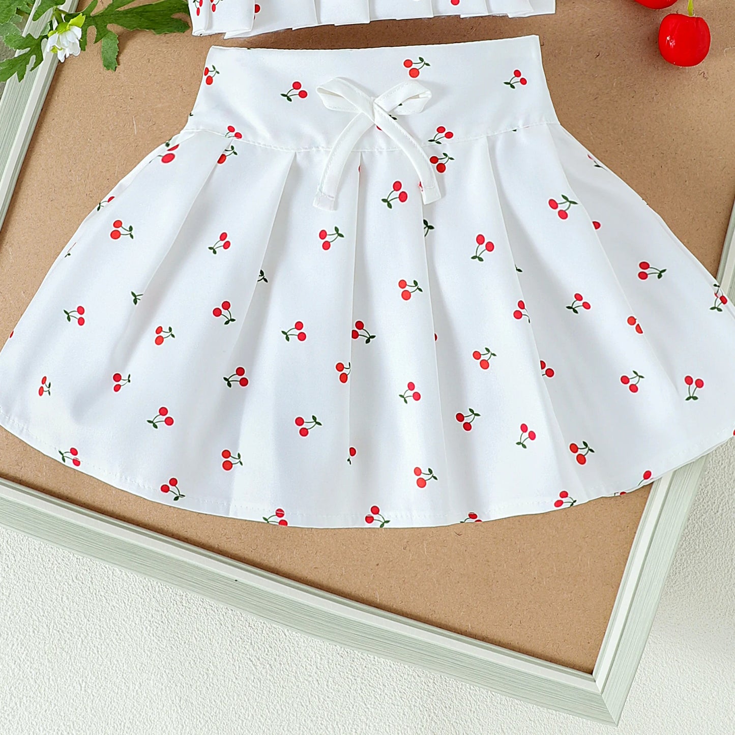 2PCS  Summer New Style Girls 1-4 Years Old Comfortable Sweet Cherry Love Pattern Top + Short Skirt Set - TiniLoom