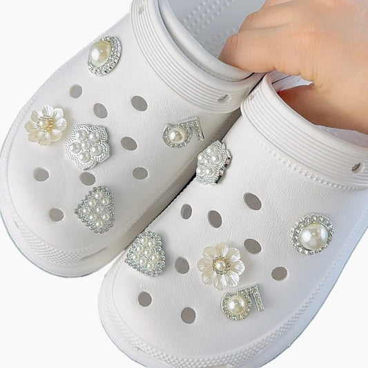 10PCS Luxury Shoe Charms Set Accessories Hole Shoe Buckle Pearl Rhinestone Flower DIY Shoes Decorations Girls Party Woman Gift - TiniLoom