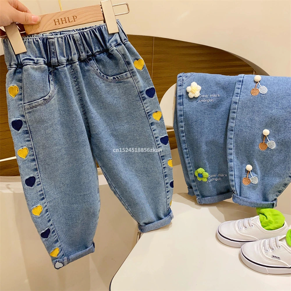 Ambroidered Flower Girl Jeans Baby Boy Kids Jeans Girl Pants Daduhey Wide Leg Pants Harem Trousers Clothes Bottoms - TiniLoom