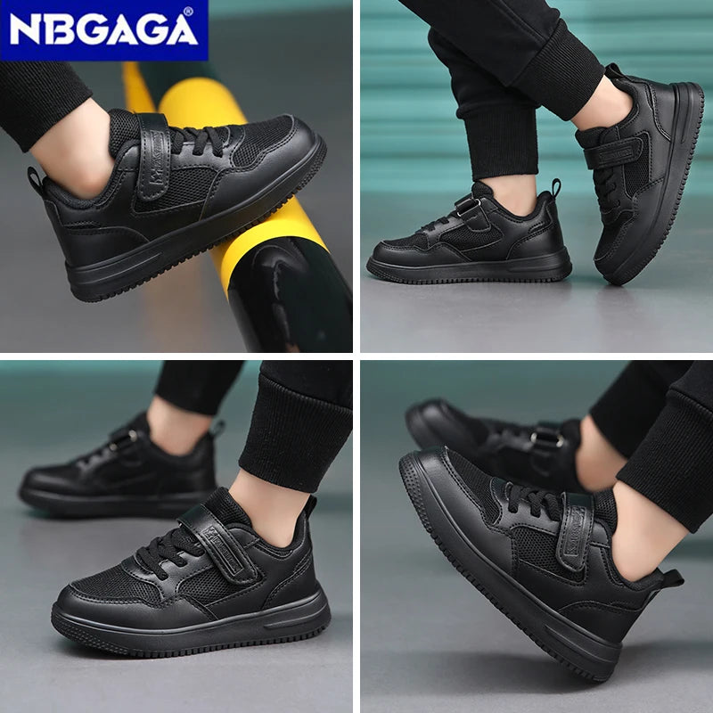 Children Sneaker Boys Casual Shoes Black Leather Flat Student Walking Shoes Non-slip Girl Lightweight Sports Tennis Footwear - TiniLoom