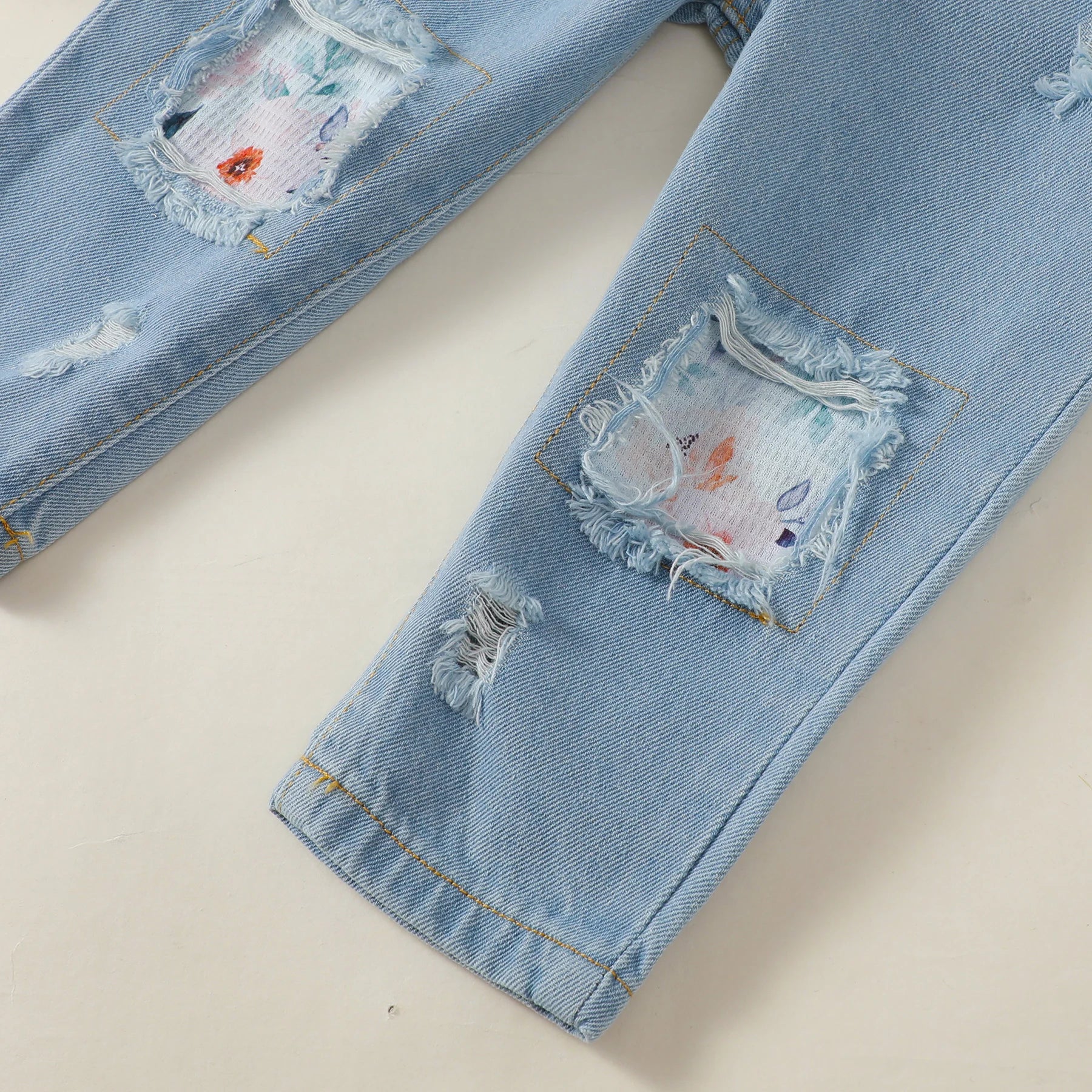 1-4 Years Kids Girls Suit Long Sleeve Flower Ruffle Tops+Elastic Waist Denim Pants 2pcs Set Toddler Girl Clothes Spring Outfit - TiniLoom