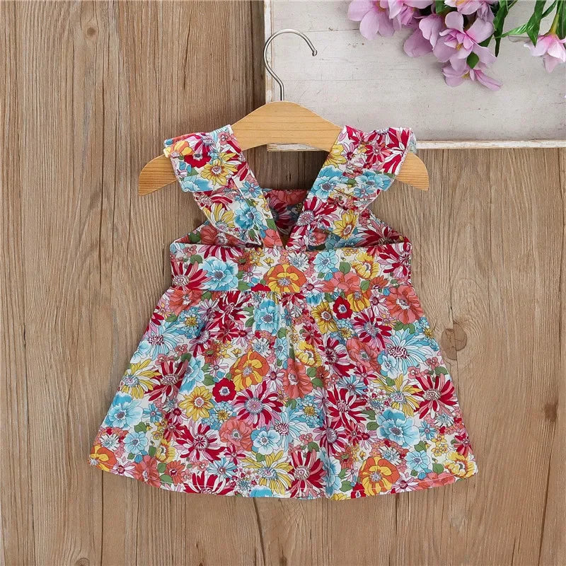 (Girls 0-3 years old)New Summer Girls Dress Halter Small Flying Sleeve Ruffled Flowers Full Print + Crossbody Bag A-line Dress - TiniLoom