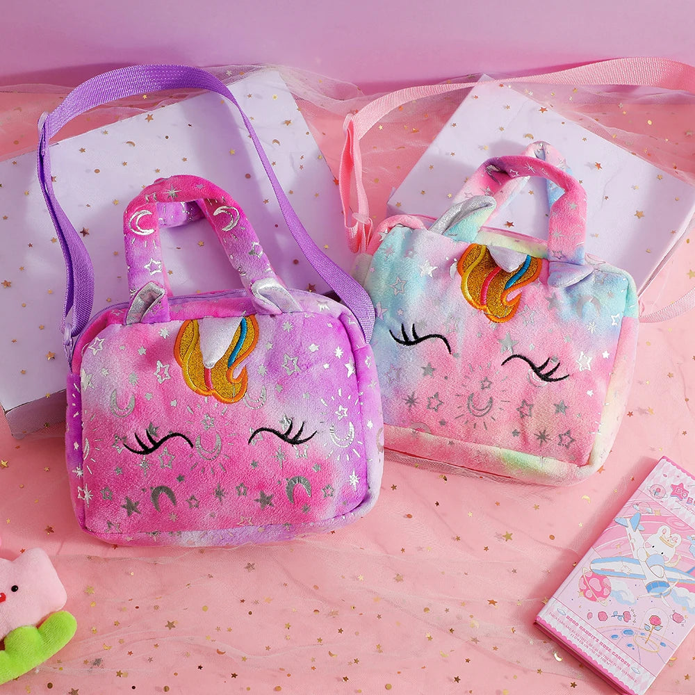 Plush Unicorn Crossbody Bag for Girls Kids Shoulder Purse Cute Student Gift Pencil Case Coin Wallet Travel Accessory - TiniLoom