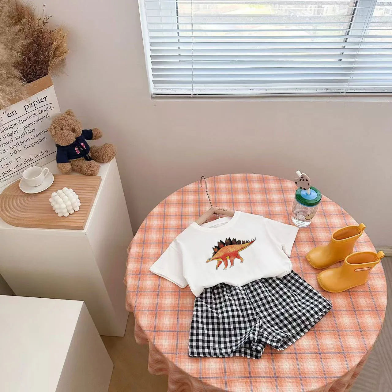 2Pcs Baby Clothes Set Newborn Boys Casual Dinosaur Print Short Sleeved T-shirt+plaid Shorts Toddler Girl Summer Kids Outfit Set - TiniLoom