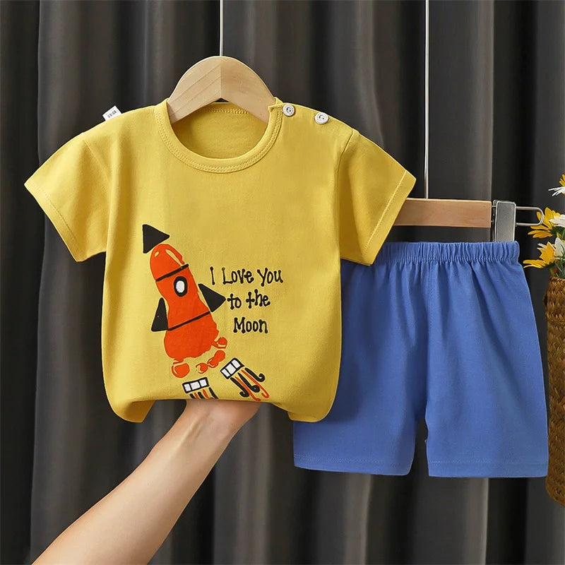 1-6 Y Kids Cartoon Excavator Striped T-Shirt+Shorts 2-Piece Set Cotton Pajama Baby Boys Girls Summer Casual Tracksuit Clothes Su - TiniLoom