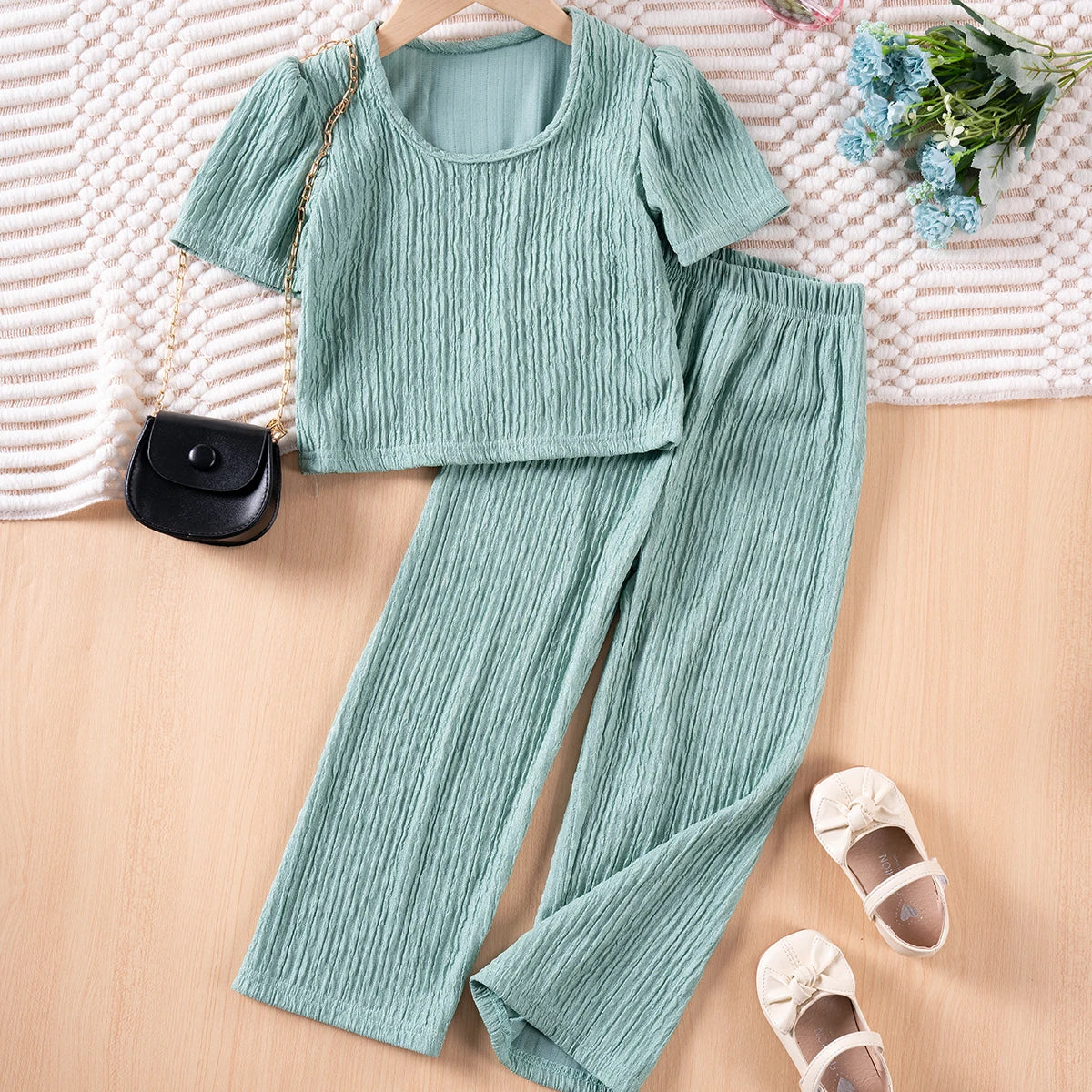 Girls Solid Color Suspenders Summer Suspenders Ruffles + Wide Leg Pants 2 Pieces Dress Set White Cute Elegant Baby Clothes - TiniLoom