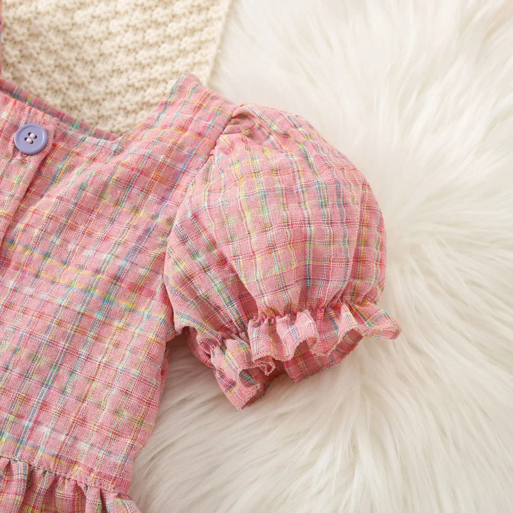 (0-3 Years Old) Summer Baby Girl Cotton Colored Plaid Bubble Sleeve Top and Shorts Set Cute Princess Style Girl Two-piece Set - TiniLoom
