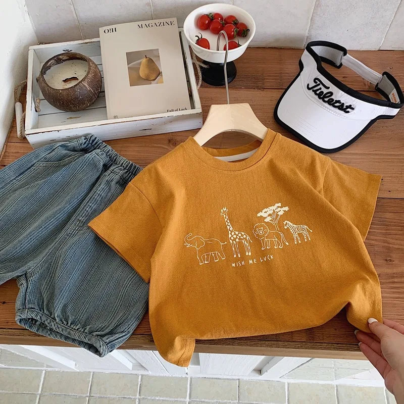 Summer Boys Solid Color Base Shirt Pure Cotton Clothing Thin Round Neck Short Sleeve Tops Child New Print T-shirt Outer Wear - TiniLoom