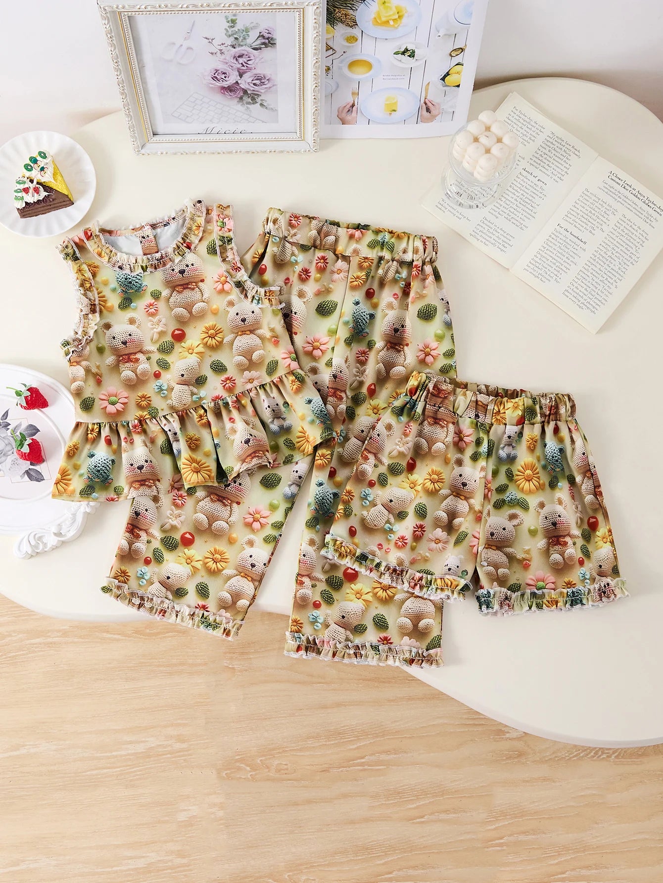 Children's Clothing Sets Blue Plaid Floral Print Sleeveless Top + Wide Leg Pants + Shorts 3 Pcs Sets Kids Clothes for Girls - TiniLoom