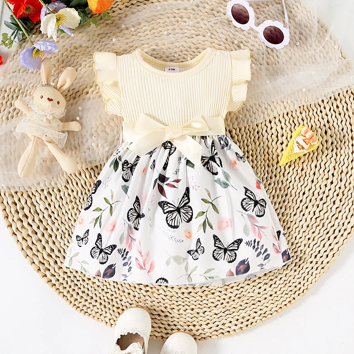 Baby Girl Butterfly and Plant Polka Dot Print Ruffle Sleeve Belt Dress + Ribbon - TiniLoom