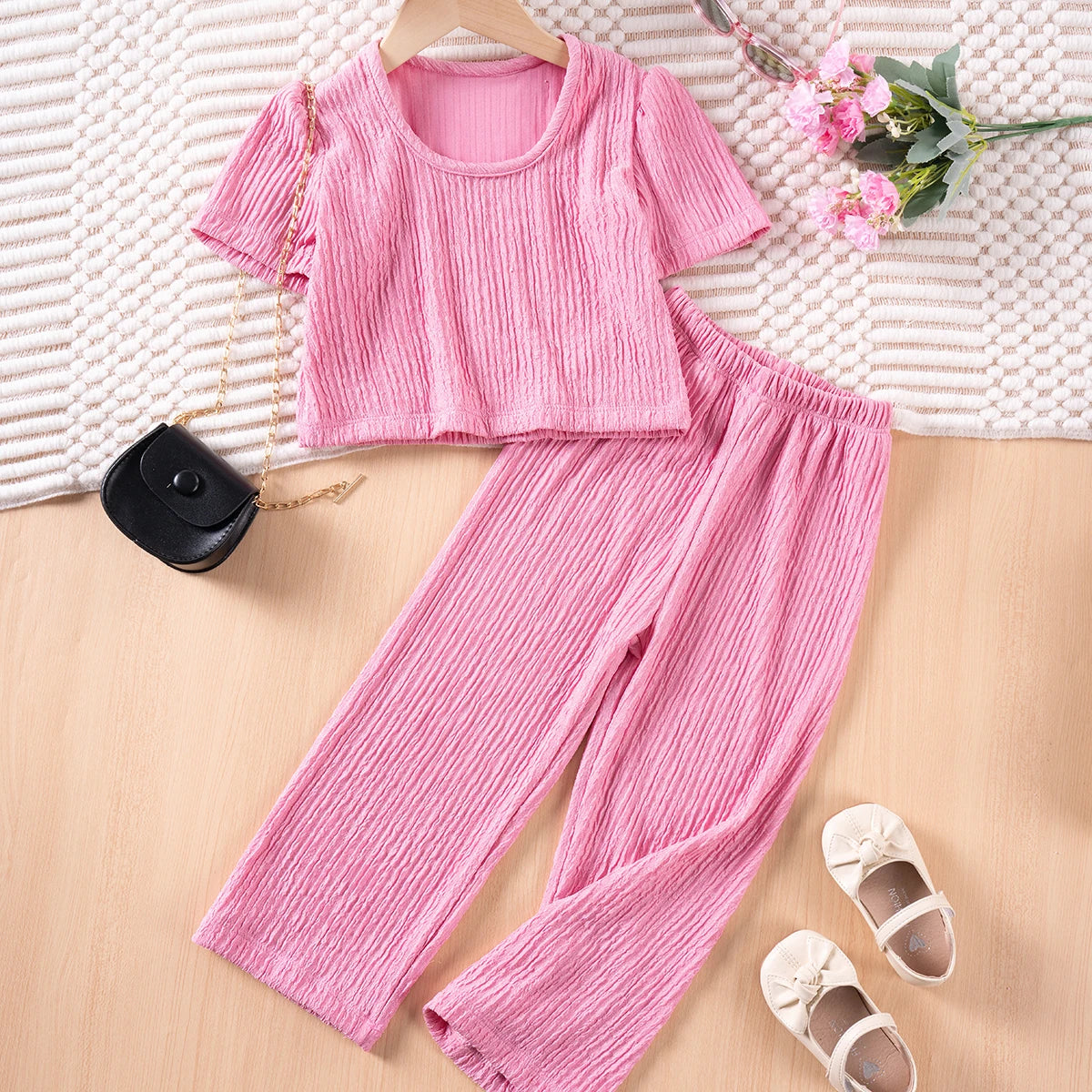 Girls Solid Color Suspenders Summer Suspenders Ruffles + Wide Leg Pants 2 Pieces Dress Set White Cute Elegant Baby Clothes - TiniLoom